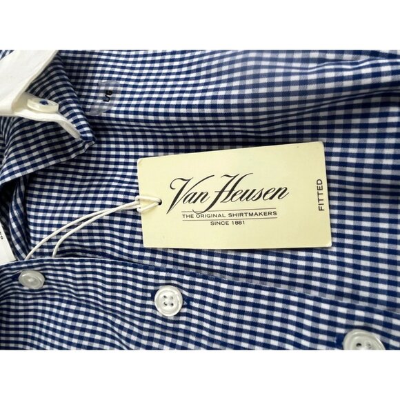 Van Heusen Shirt Men Large Blue Gingham Check Fitted Long Sleeve Button Down Top - Picture 10 of 11